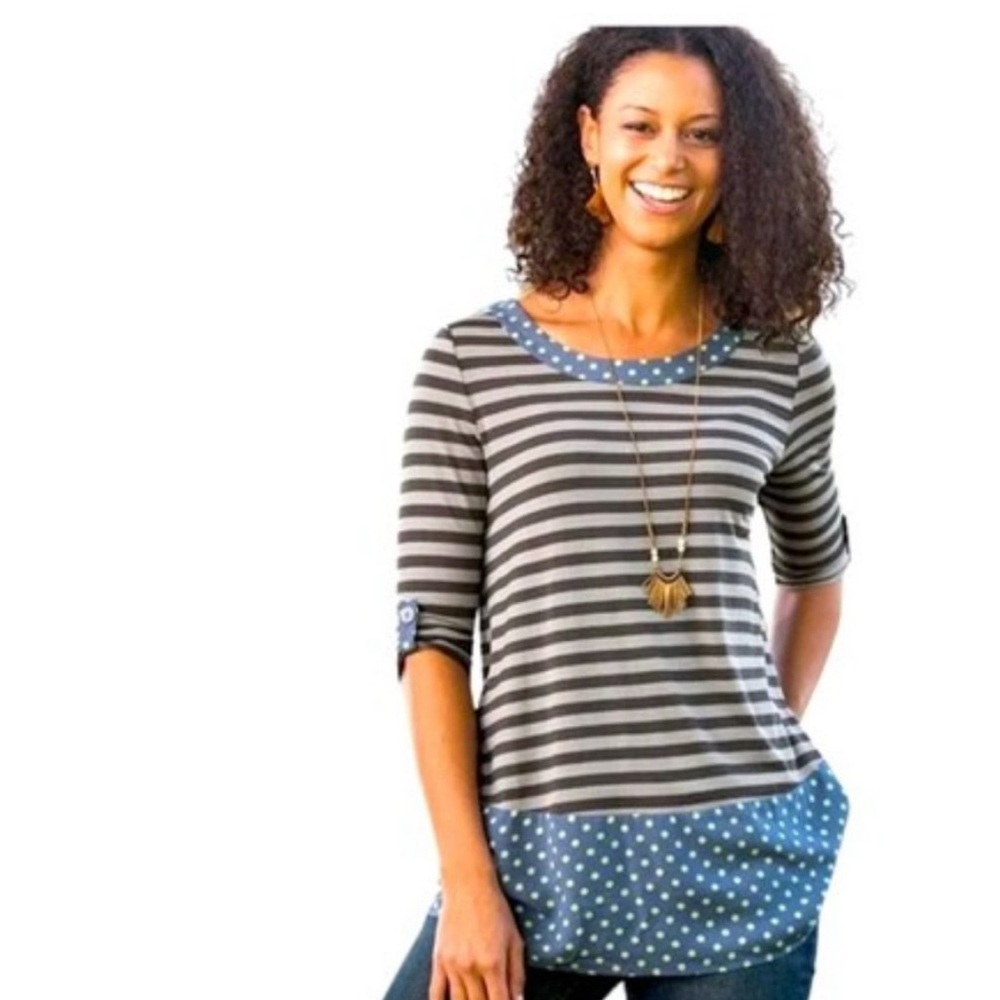 Matilda Jane Tunic Top Size Medium Blue Navy Striped Polka Dot Trim Stretch